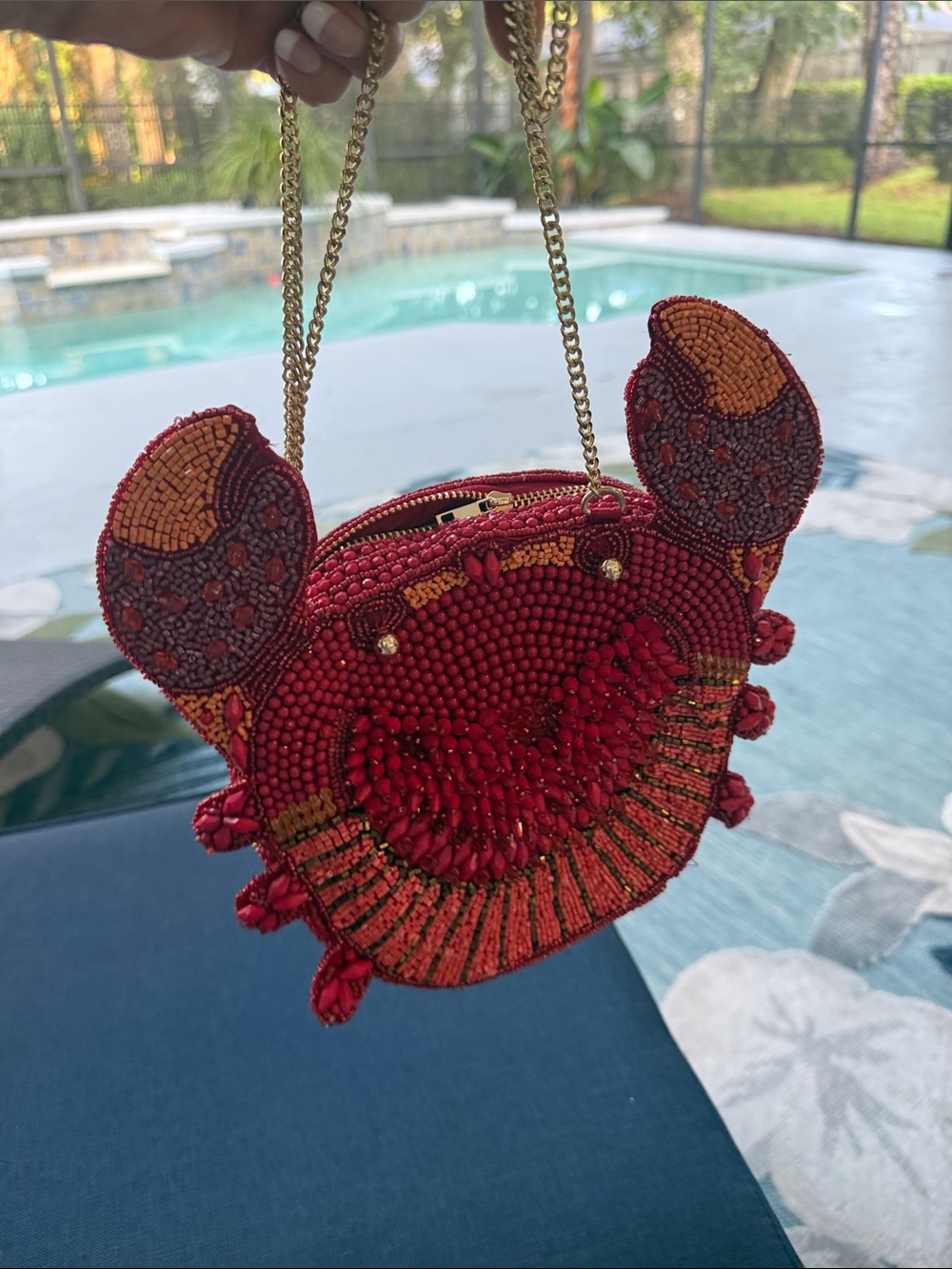 Red Beaded Crab Mini Shoulder Bag with Gold Chain
